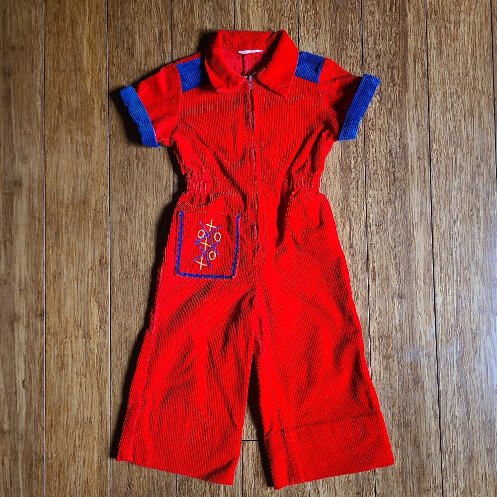 Vintage Red Corduroy Romper Jumpsuit 12-18 Months Embroidered Tic Tac Toe